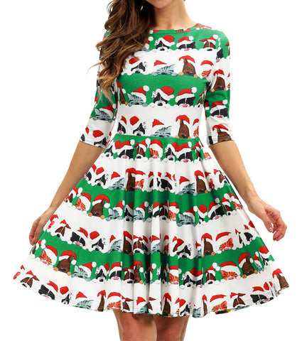 GLUDEAR Xmas Print Pleated Skater Swing Dress for Christmas Party Costume,Funny Xmas Animals,L/XL