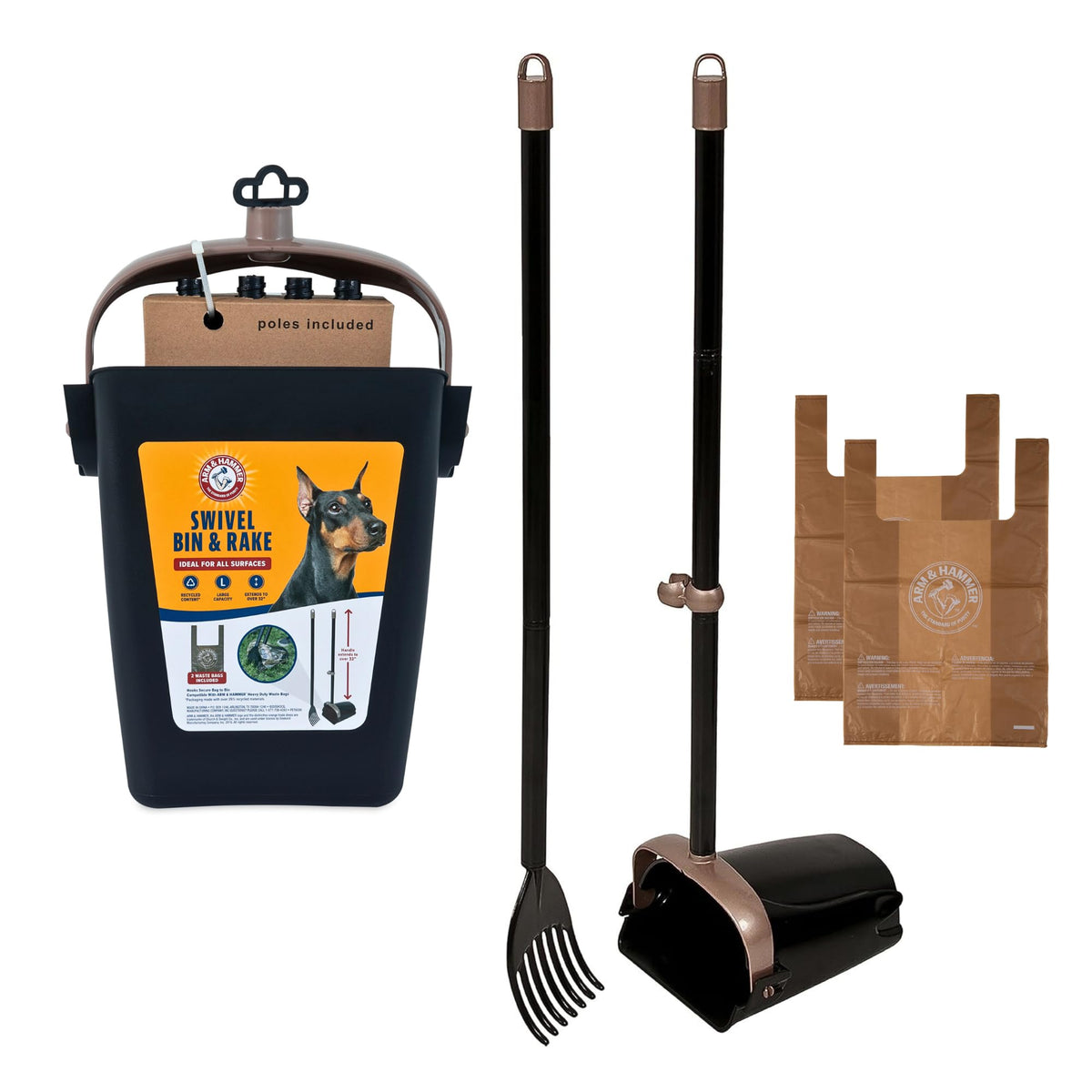 Arm & Hammer Petmate Swivel Bin & Rake Pooper Scooper Waste Management System (2 Bonus Heavy Duty Handle Tie Waste Bags Included for Premium Odor Control)