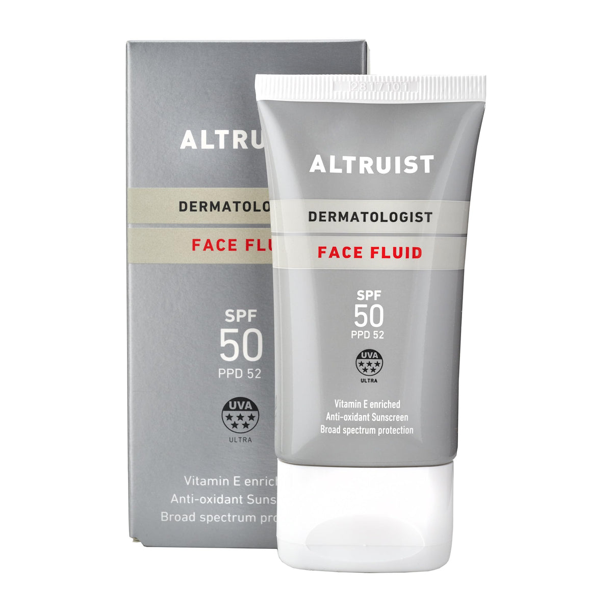 Altruist Dermatologist Sunscreen Fluid SPF - Superior 5star UVA face protection by Dr Andrew Birnie premium antioxidant, White, Unscented, 50 millilitre