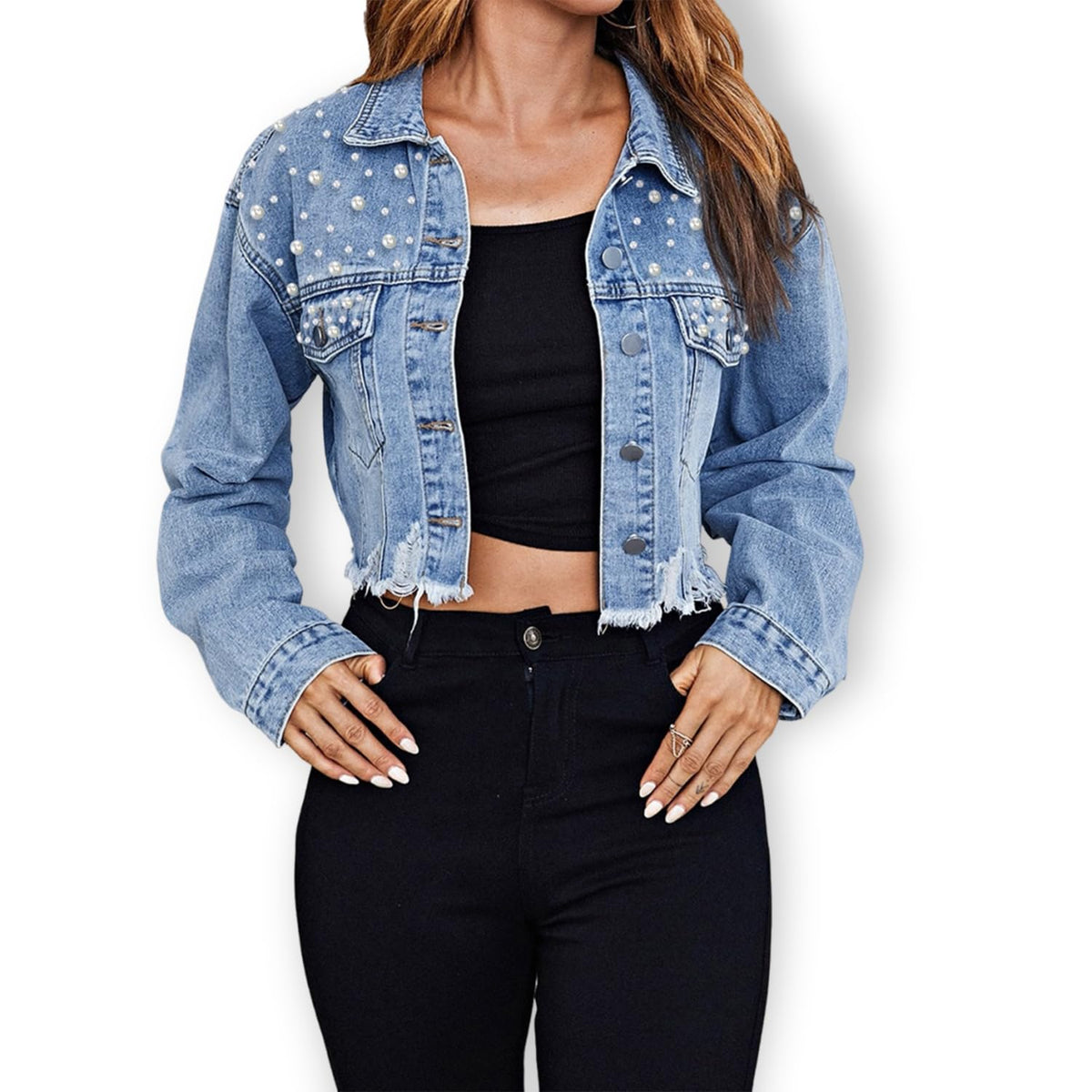 AprPith Summer Pearl Denim Jacket for Women Cropped Distressed Jean Jacket for Women Trendy Long Sleeve