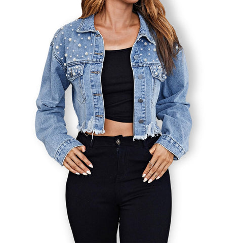 AprPith Summer Pearl Denim Jacket for Women Cropped Distressed Jean Jacket for Women Trendy Long Sleeve