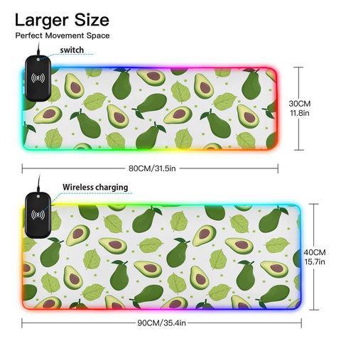 Avocado Fruit Leaves Wireless Charging Mouse Pad for Mobile Phone Extra Large Gaming Mousepad with 13 Lighting Modes Extended Desk Mat for Gaming MacBook PC Laptop Desk Office Home