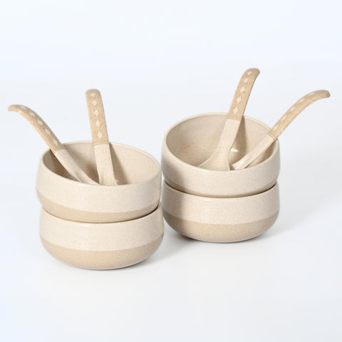 Eha Earth-Friendly Small Soup Bowls With Spoons|250 Ml|Made With Bamboo Fibers & Rice Husk|Microwave Safe Bowls For Kitchen|Serving Bowl Set Of 4|Sand Castle, Beige - Solid
