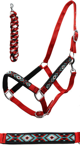 CHALLENGER Cob Nylon Beaded Neoprene Padded Adjustable Halter w/Lead Red 606175RD-C
