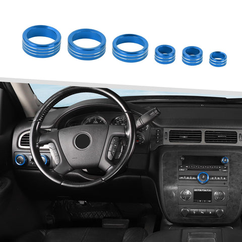 Jimen 6PCS Center Console Knob Cover Fit for Chevrolet Silverado/Tahoe/Suburban/Avalanche 2007-2013, 4WD Headlight Switch Tune Volume Control Knob Fit for GMC Yukon 2007-2013 (Blue)