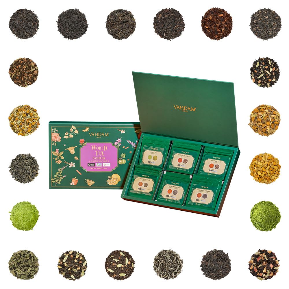 VAHDAM, Assorted Loose Leaf Tea Sampler (20 Teas, 100 Servings) Gluten Free, Non GMO, Tea Variety Pack - Black Tea, Green Tea, Oolong Tea, White Tea, Chai Tea & Herbal Tea | Gifts for Women & Men