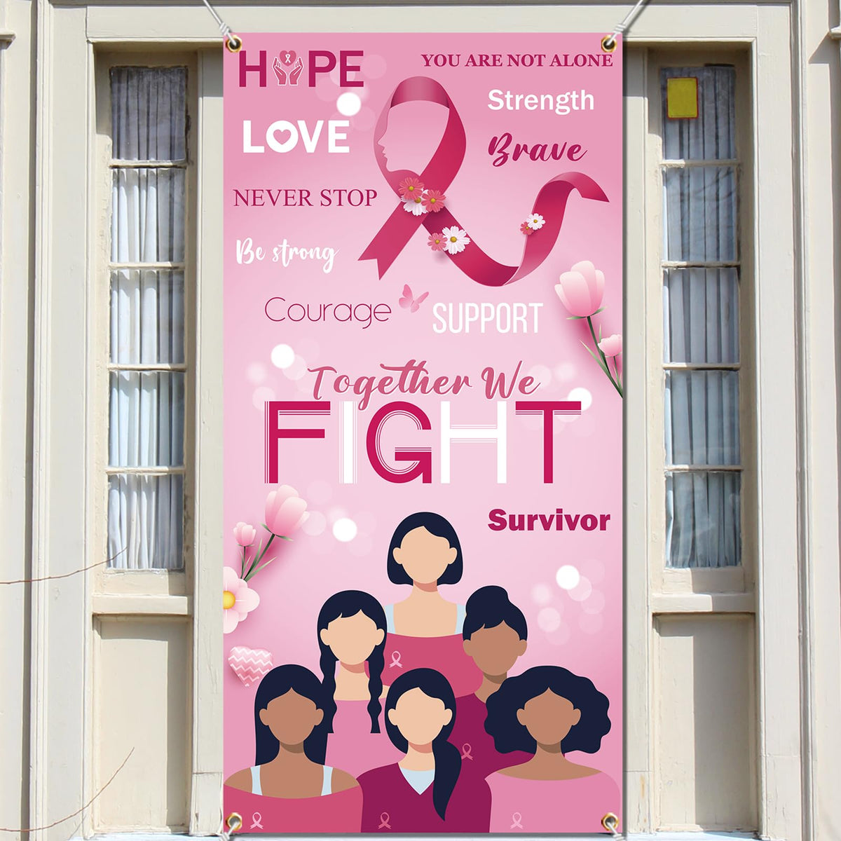 Breast Cancer Awareness Door Cover - Pink Ribbon Breast Cancer Party Decoration Hope Strength Courage Faith Banner Backdrop Breast Cancer Decorations for Office