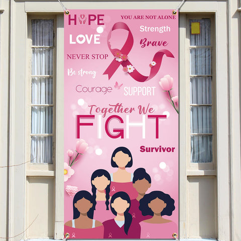 Breast Cancer Awareness Door Cover - Pink Ribbon Breast Cancer Party Decoration Hope Strength Courage Faith Banner Backdrop Breast Cancer Decorations for Office