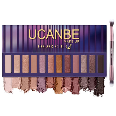 UCANBE 12 Color Eyeshadow Makeup Palette, Naked Nude Eye Shadow, Neutral Matte Shimmer Make Up Pallet with Double-ended Brush Set Kit, Highly Pigmented Long Lasting Waterproof