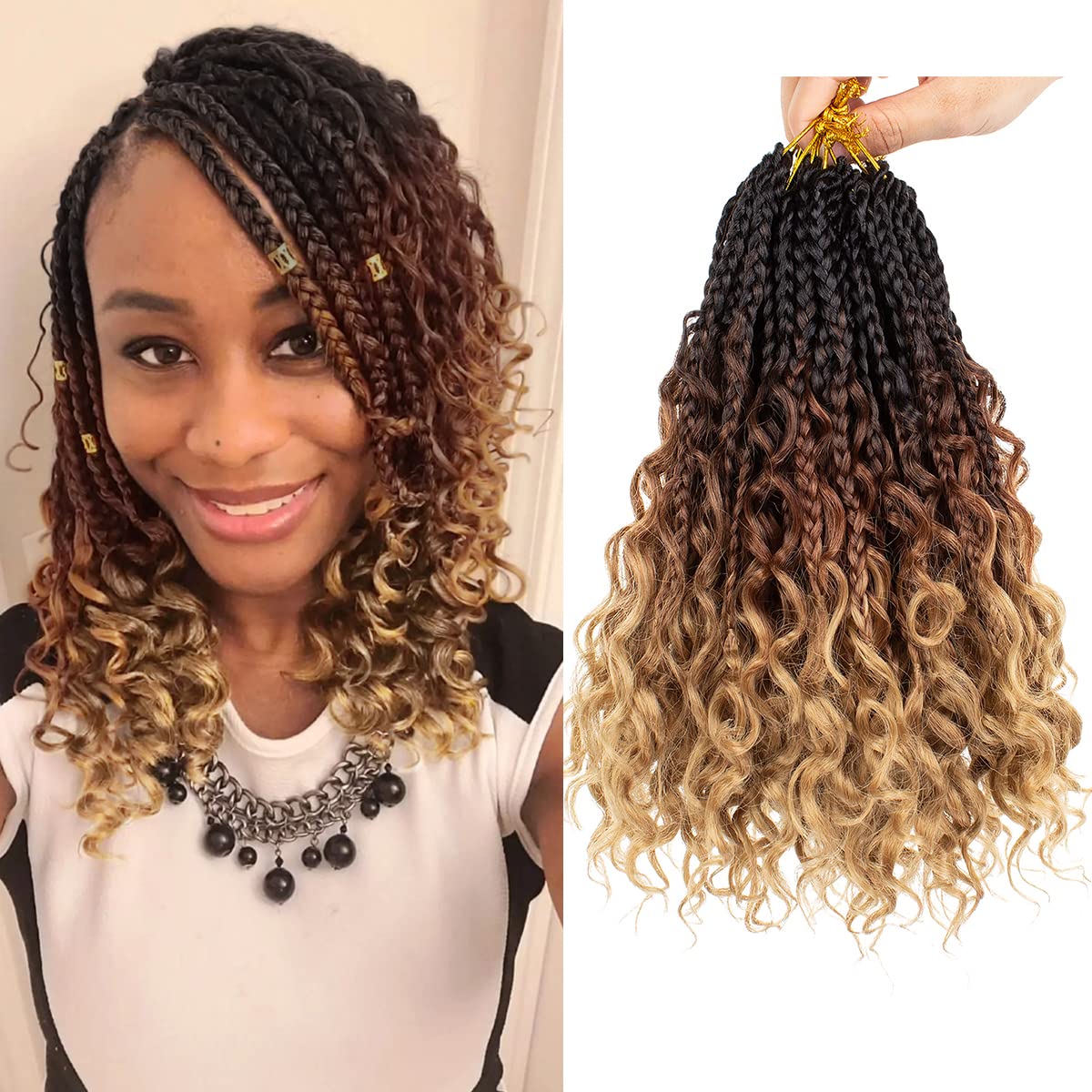 COOKOO 10 Inch Goddess Boho Box Braids Crochet Hair for Women 8 Packs Synthetic Goddess Box Braids Curly Ends Crochet Hair Pre Looped Ombre Brown Bohemian Afro Twist Braiding Hair 53#