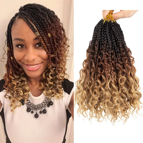 COOKOO 10 Inch Goddess Boho Box Braids Crochet Hair for Women 8 Packs Synthetic Goddess Box Braids Curly Ends Crochet Hair Pre Looped Ombre Brown Bohemian Afro Twist Braiding Hair 53#