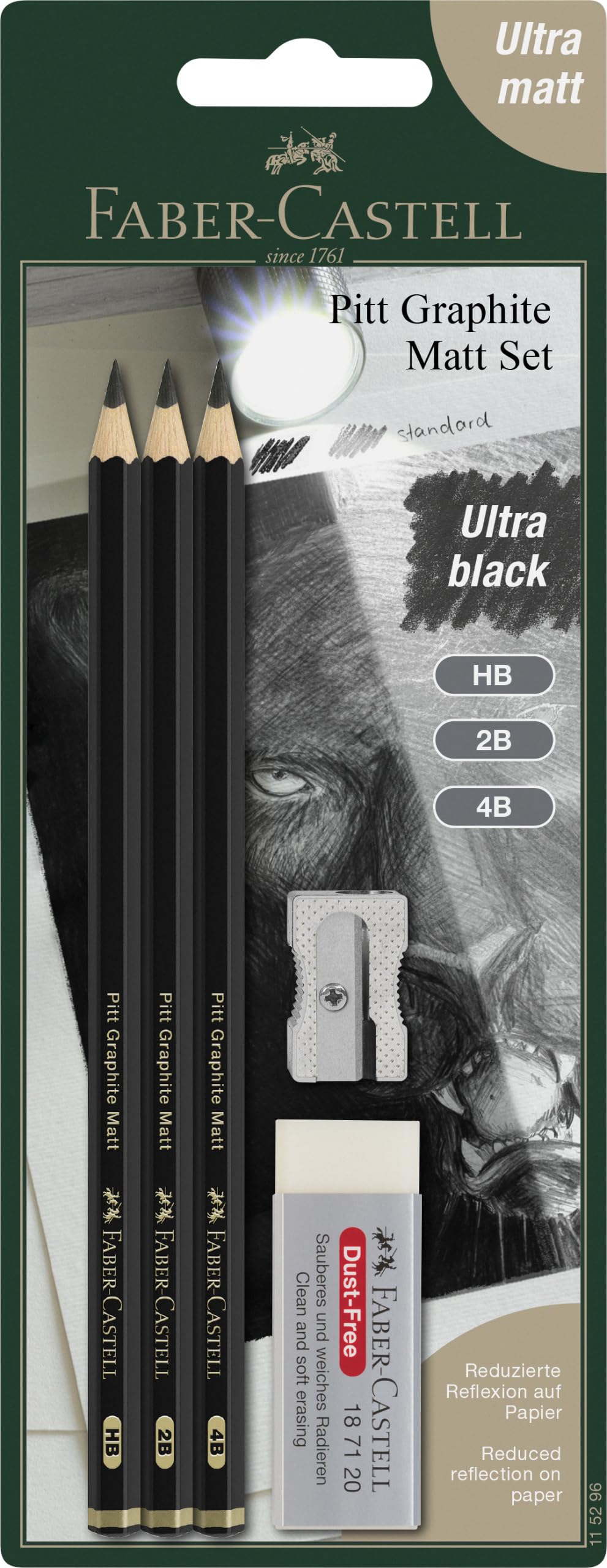 Faber-Castell Pitt Graphite Matt Pencils Set, Includes 3 Pencils HB, 2B, 4B, Rubber Eraser And Pencil Sharpener, Ideal For Artists, For Blending, Shading, Drawing, Graphite, Sketching, Charcoal