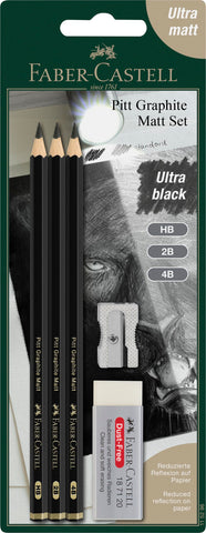 Faber-Castell Pitt Graphite Matt Pencils Set, Includes 3 Pencils HB, 2B, 4B, Rubber Eraser And Pencil Sharpener, Ideal For Artists, For Blending, Shading, Drawing, Graphite, Sketching, Charcoal