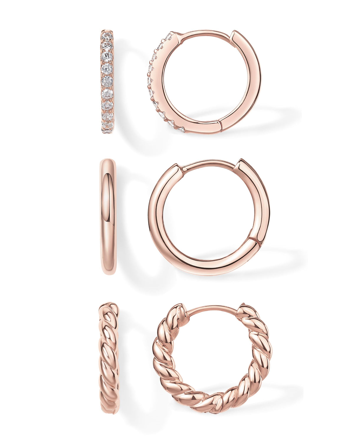 PAVOI 18K Rose Gold Plated 925 Sterling Silver Posts 3 Pairs Small Hoop Earrings Set | Cubic Zirconia Plain Rope Huggie Hoops for Women | Lightweight Earrings Pack