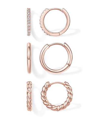 PAVOI 18K Rose Gold Plated 925 Sterling Silver Posts 3 Pairs Small Hoop Earrings Set | Cubic Zirconia Plain Rope Huggie Hoops for Women | Lightweight Earrings Pack