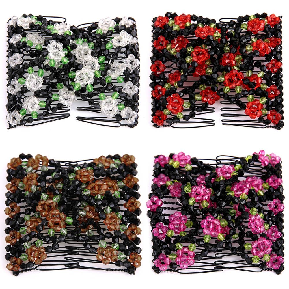 4 Pcs Magic Easy Stretching Combs for Women, Hair Bun Makers, Elastic Beaded Hair Clips for Styling (Rose)