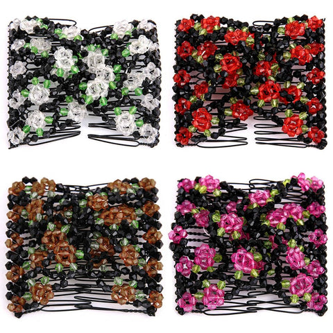 4 Pcs Magic Easy Stretching Combs for Women, Hair Bun Makers, Elastic Beaded Hair Clips for Styling (Rose)