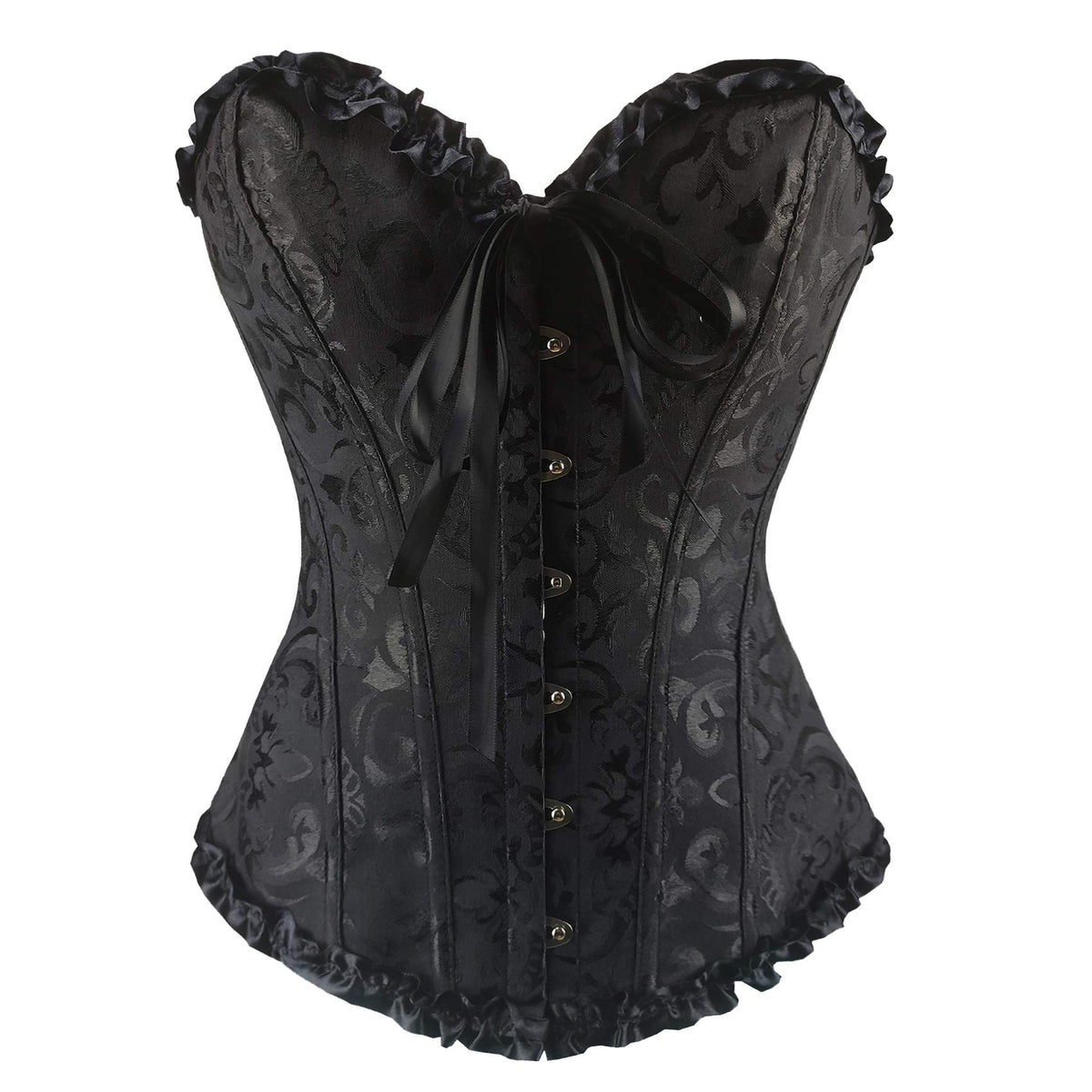 PAUSUNA Women Lace Up Floral Burlesque Basque Bustier Shaper Overbust Boned Corset Top (Floral Black Top, 16)