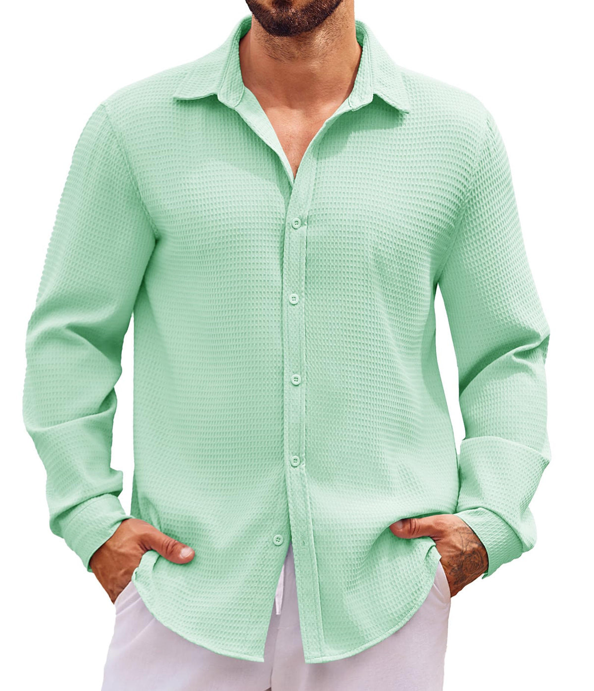 Runcati Mens Waffle Long Sleeve Shirts Button Down Collared Beach Summer Casual Work Shirt Mint