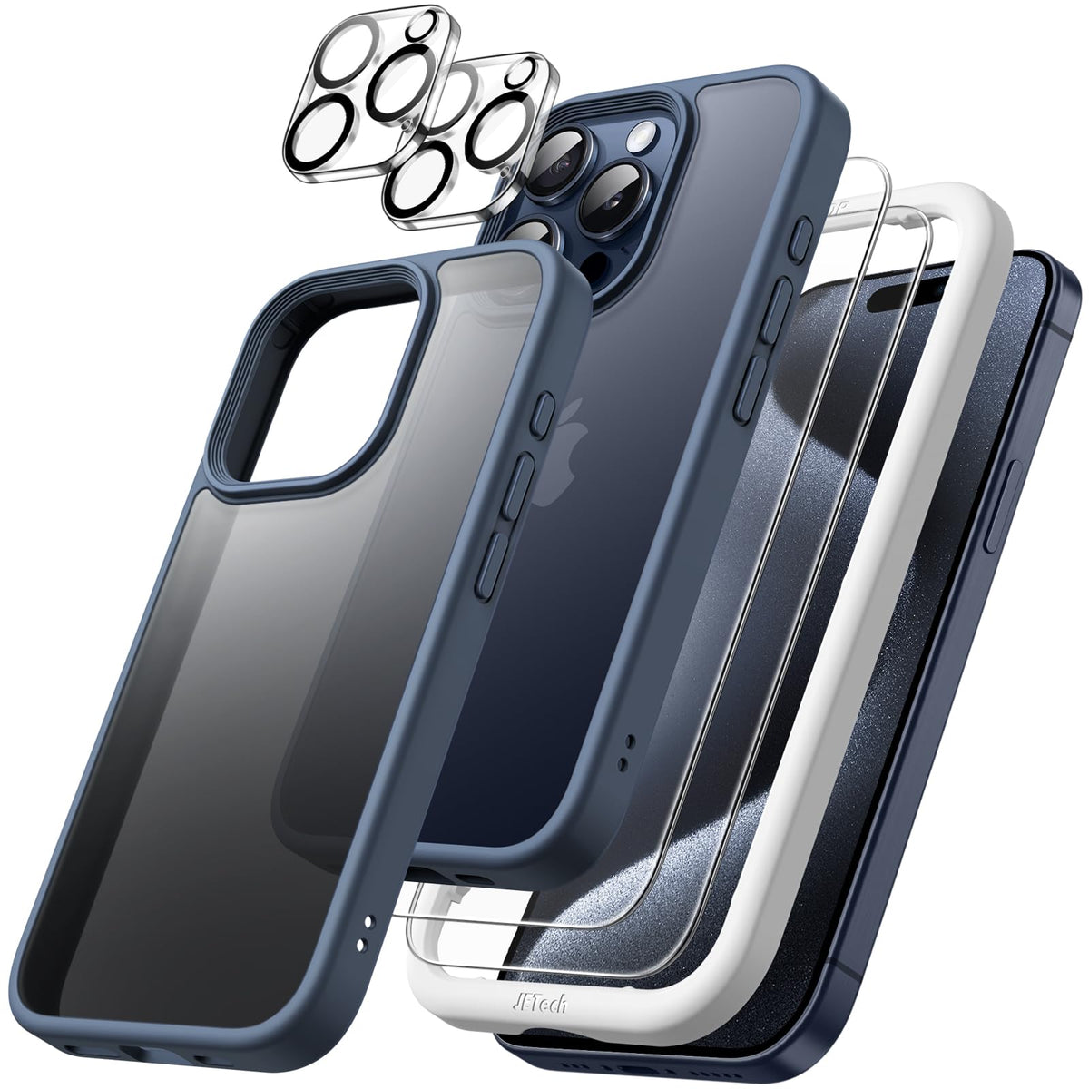 JETech 5 in 1 Matte Case for iPhone 15 Pro Max 6.7-Inch with 2-Pack Each Tempered Glass Screen Protector and Camera Lens Protector, Translucent Back Shockproof Phone Cover (Storm Blue)