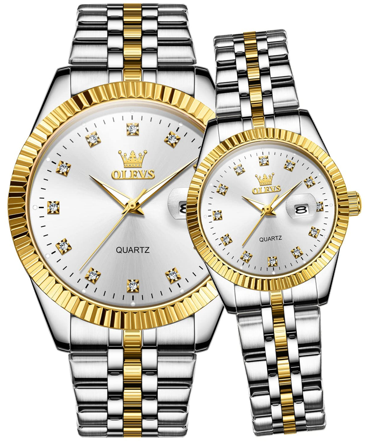OLEVS Couple Watch AnalogHis and Her Watches Set Business Diamond Waterproof Luminous Stainless Steel Date Men and Women Watches White