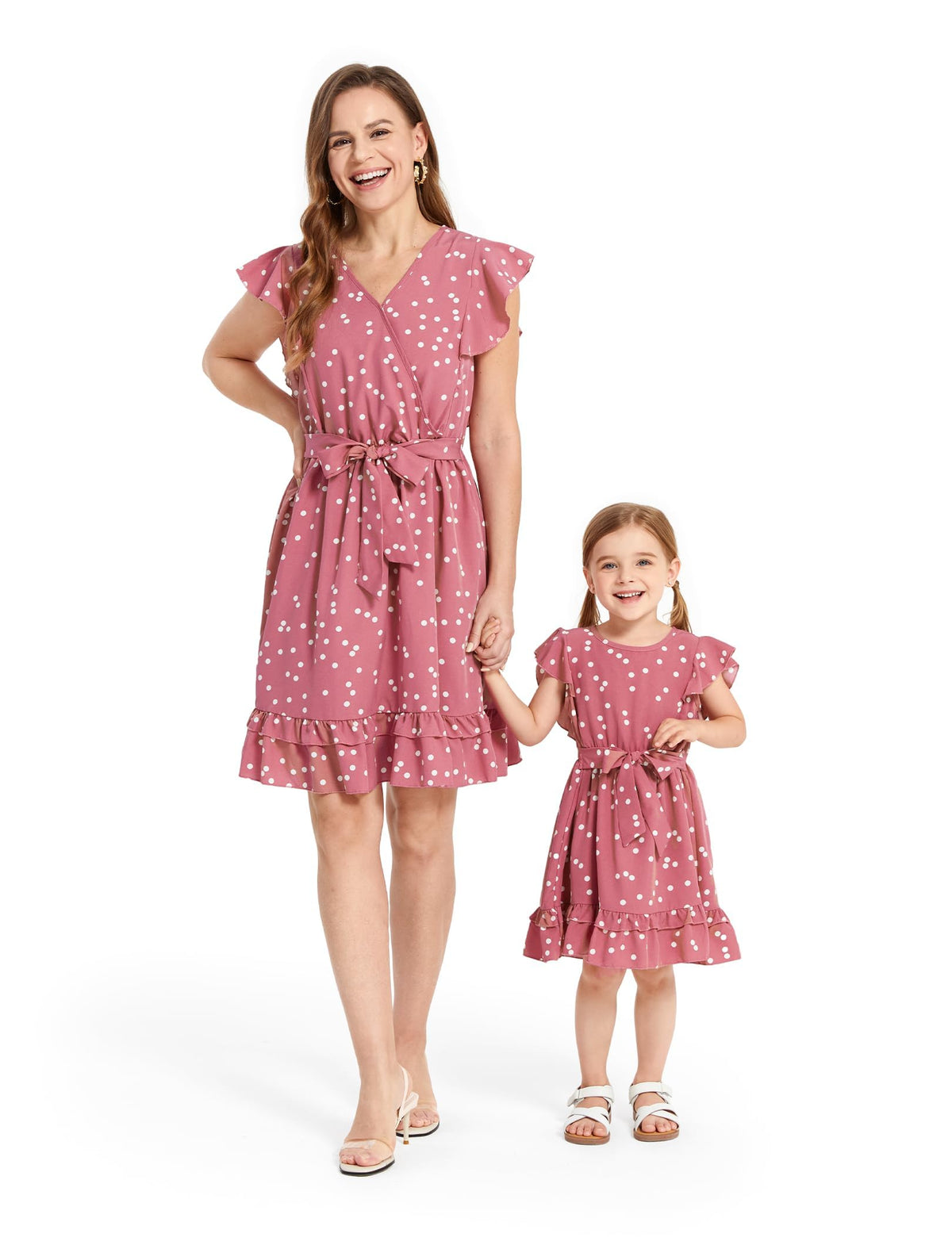 PATPAT Mother Daughter Dress Set: Polka-Dot Flutter-Sleeve Dress for Perfect Family Matching Outfits, Dresses for Baby Girls/Women, Pink / White, 3-6 Months
