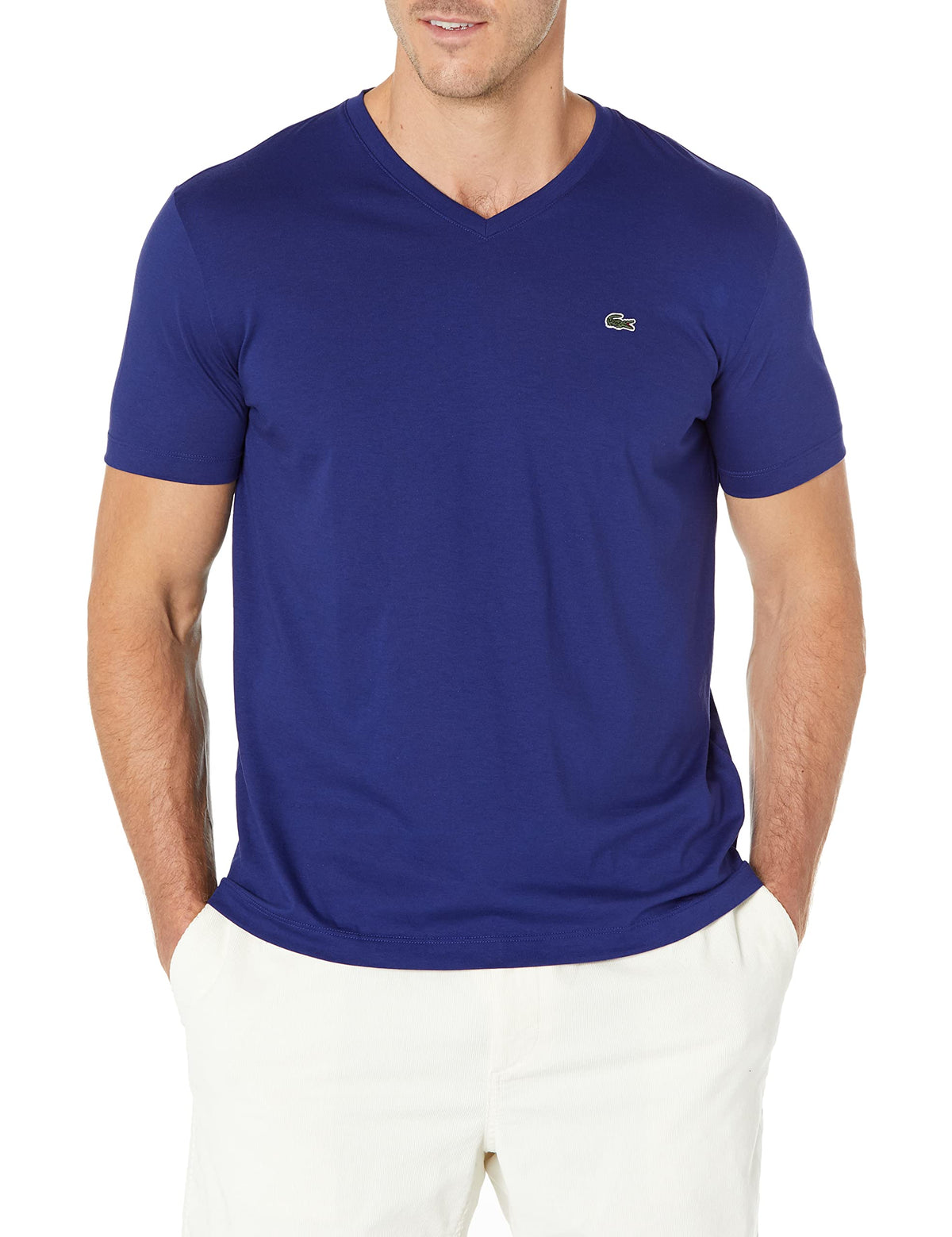 Lacoste Mens Discontinued Short Sleeve Jersey Pima Reg Fit V Neck T-Shirt, Ocean, 4X-Large
