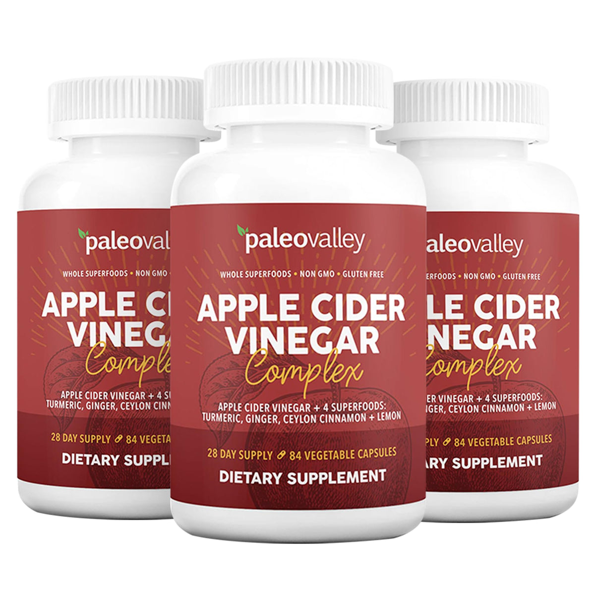 Paleovalley Apple Cider Vinegar Complex with Superfoods - Turmeric, Ginger, Ceylon Cinnamon and Lemon - 3 Pack
