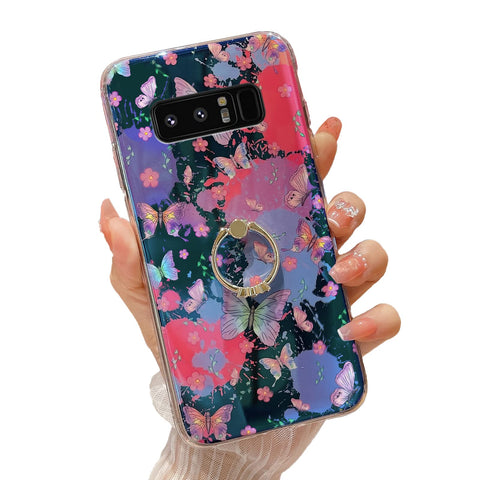 Easyscen for Samsung Galaxy Note 8 Case (2017) Girls Women Cute Floral Shockproof Protective Cover with Gold Ring Stand Colorful Butterfly Flower Phone Case