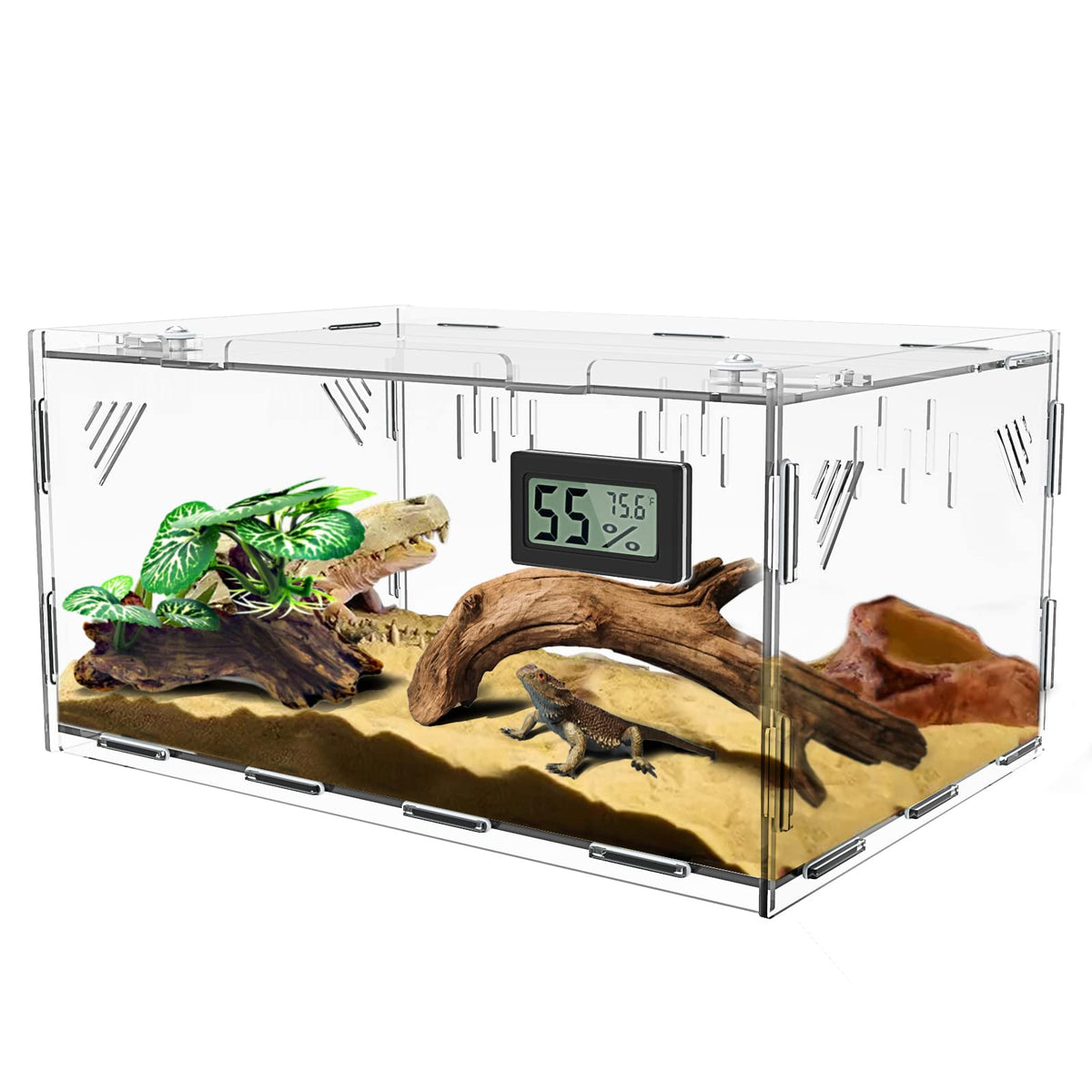 Reptile Terrariums, with Temperature Hygrometer, 11.8"x7.9"x5.9" Acrylic Reptile Breeding Box Terrarium Cage Tank for Small Reptile Insect Home Office