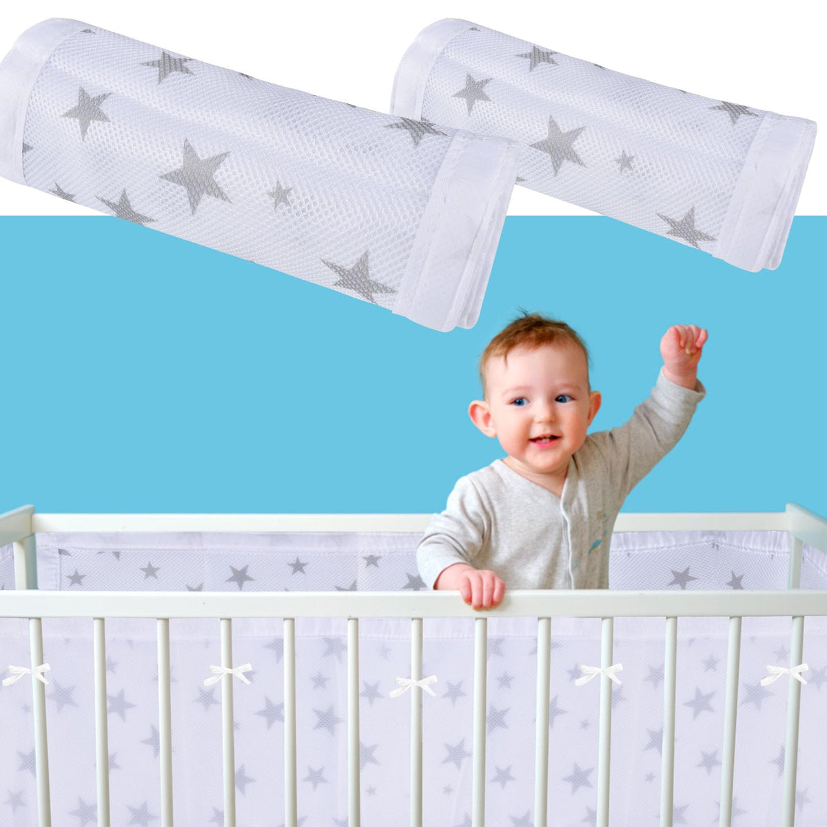 2 Pcs Baby Cot Bumpers for Cot Bed,Baby Crib Bumper,Cot Bumper with Breathable Mesh,Crib Bed Liner Bumper Set,4 Side Impact Protection for Infants(Stars)