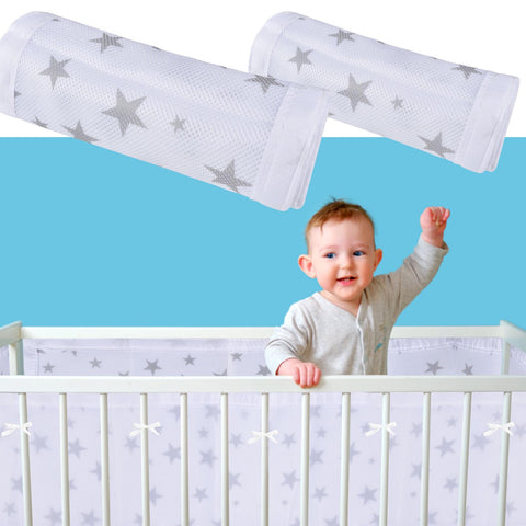 2 Pcs Baby Cot Bumpers for Cot Bed,Baby Crib Bumper,Cot Bumper with Breathable Mesh,Crib Bed Liner Bumper Set,4 Side Impact Protection for Infants(Stars)