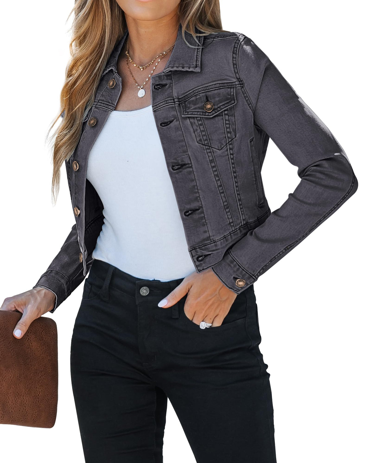 luvamia Womens Fashion Long Sleeve Button Down Stretchy Denim Jean Jacket Denim Jacket For Women Shirt Jacket Women Women Clothing Faded Black Size Small Fits Size 4 / Size 6