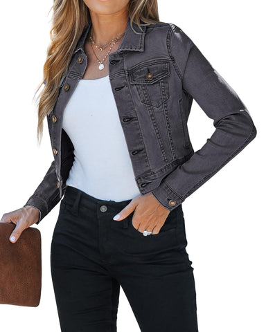 luvamia Womens Fashion Long Sleeve Button Down Stretchy Denim Jean Jacket Denim Jacket For Women Shirt Jacket Women Women Clothing Faded Black Size Small Fits Size 4 / Size 6