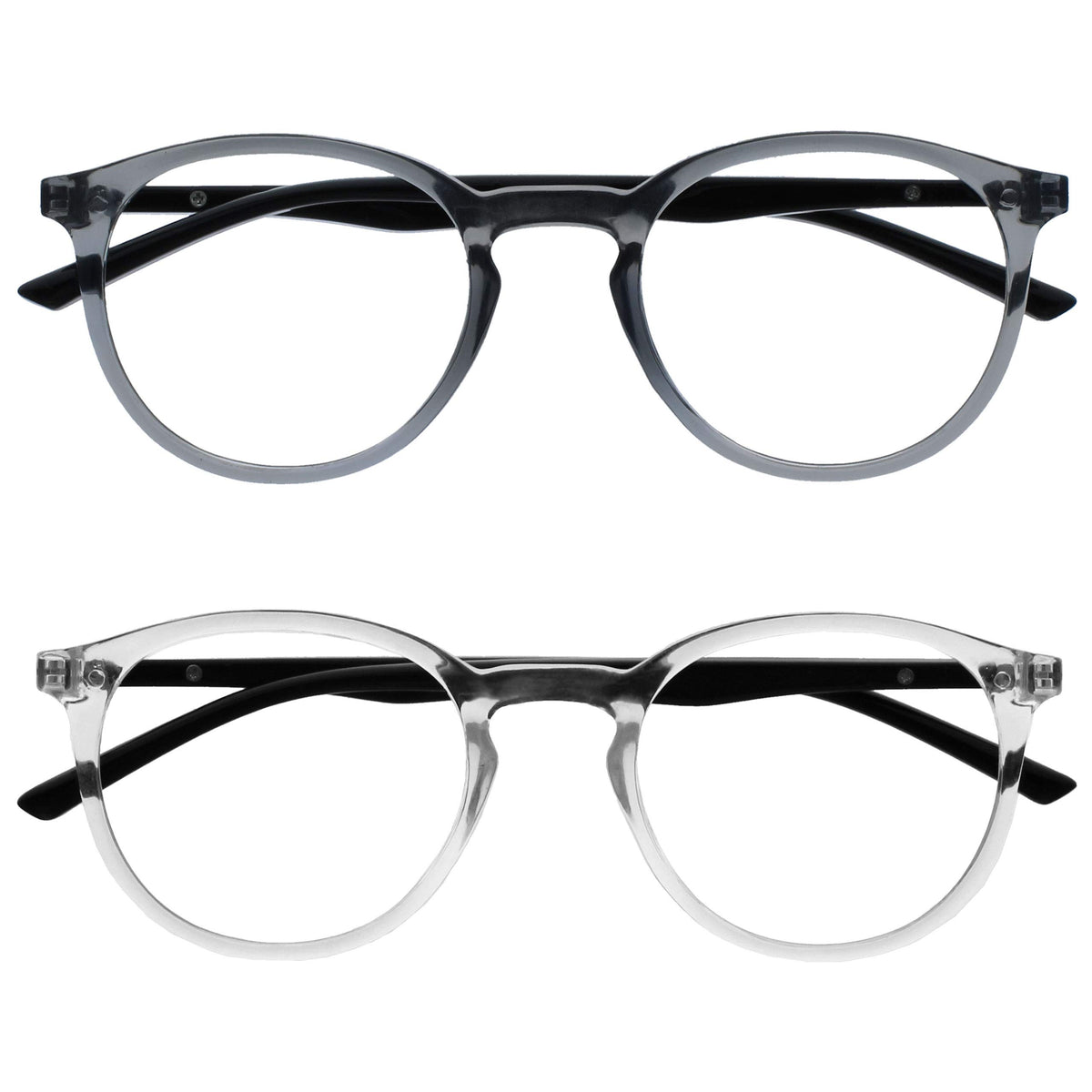 OPULIZE Met Reading Glasses 2 Pack Slim Round Frame Scratch Resistant Spring Hinges Transparent Grey Black Arm Mens Womens RR60-7C +3.50