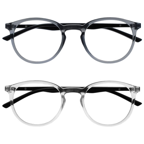 OPULIZE Met Reading Glasses 2 Pack Slim Round Frame Scratch Resistant Spring Hinges Transparent Grey Black Arm Mens Womens RR60-7C +3.50