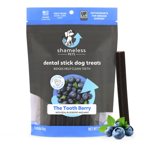 SHAMELESS PETS Dental Stick Dog Treats, 8 Sticks/Bag (The Tooth Berry, 1-Pk) | Natural, Grain-Free, No Artificial Flavors | Provides Immune System Support | Made w/Upcycled & Superfood Ingredients