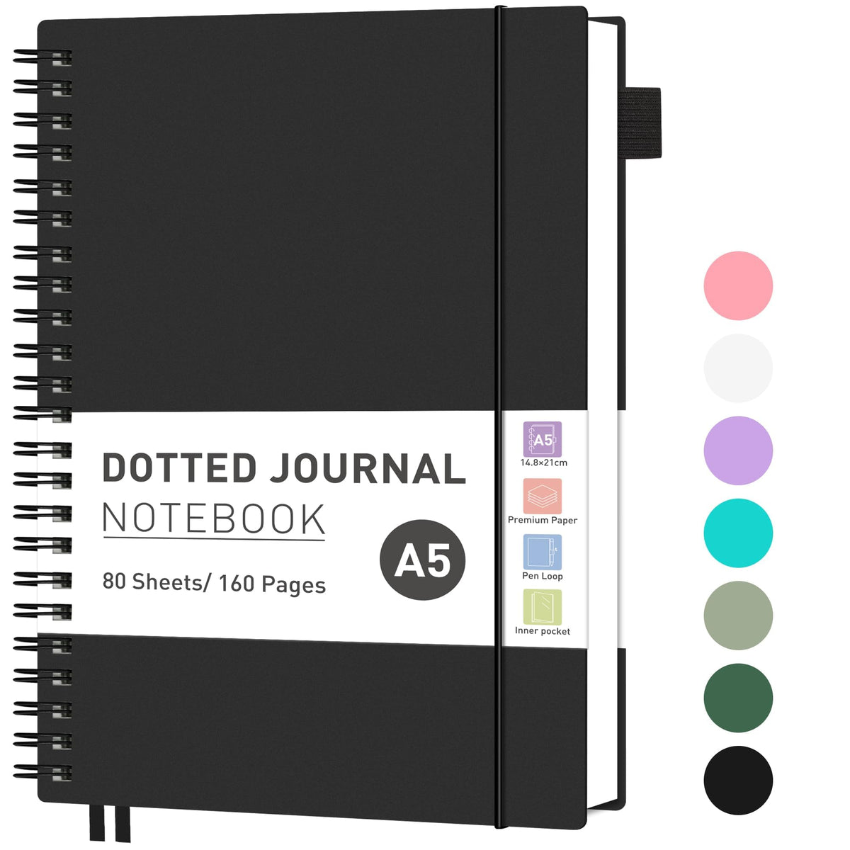 RETTACY Notizbuch A5 Gepunktetes, Bullet Dot Journal, Leichtgewicht Collegeblock, 160 Blatt / 80 Seiten Zum Schreiben, 100gsm, PVC Rinbuch, fÃ¼r Frauen MÃ¤nner Arbeit BÃ¼ro, 14.8 x 21cm - Schwarz