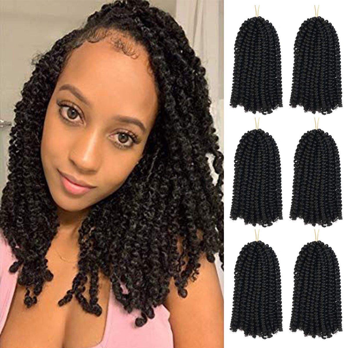 Spring Twist Hair 6 Packs 8inch Fluffy Spring Twist Crochet Hair Passion Twist Crochet Hair Synthetic Braiding Hair Extensions 15 Strands 55g/Pack(8inch, #1)