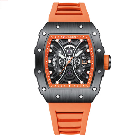 FORSINING Mens Watches,Casual Men Quartz Wristwatch Fashion Business Waterproof Tonneau Shape Dial Watch Silicone Strap,Orange