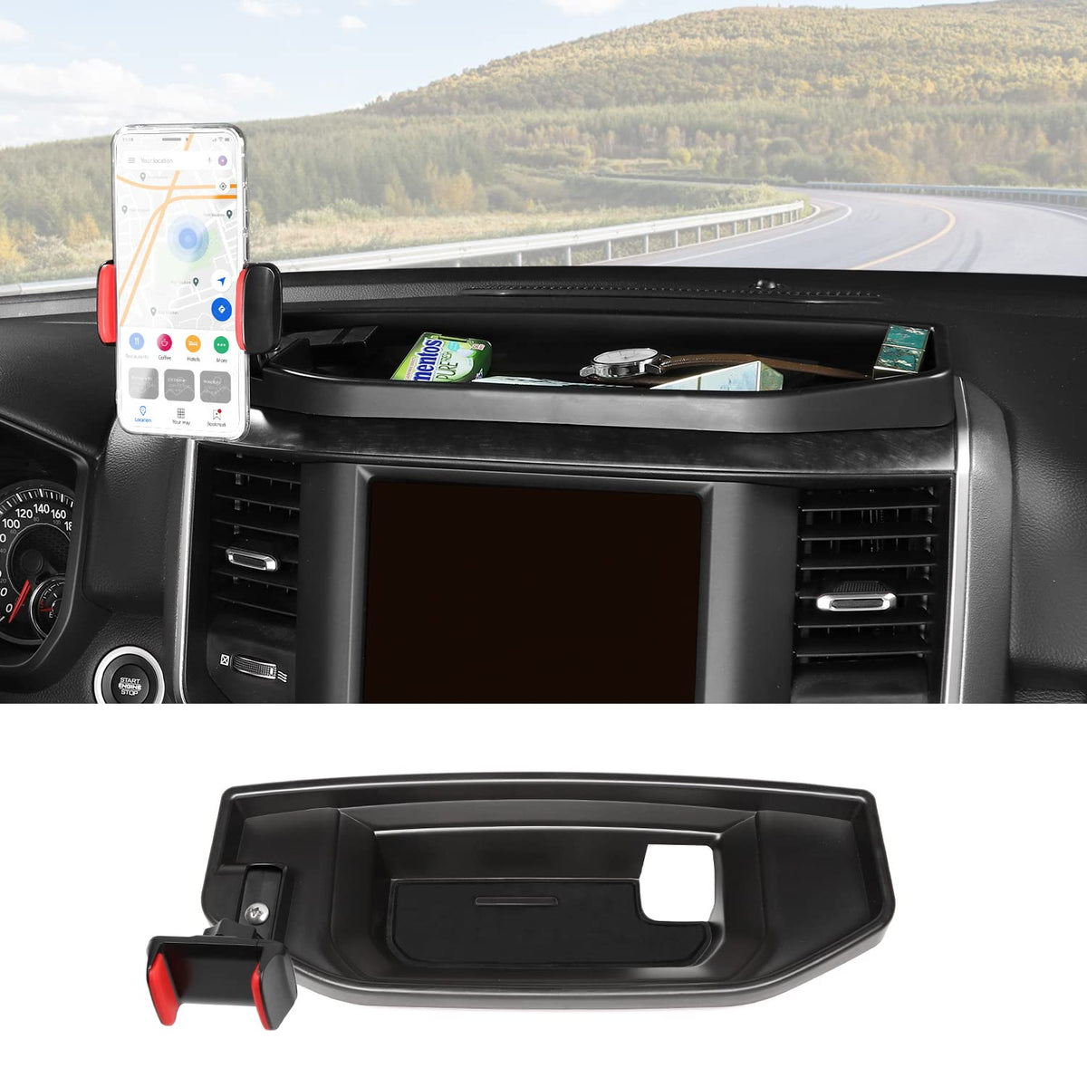 RT-TCZ Dash Mount Holder Cell Phone Holder with Storage Box Kit Bracket Center Console Interior Accessories for Dodge RAM 2018-2023,for 8.4-inch Screen