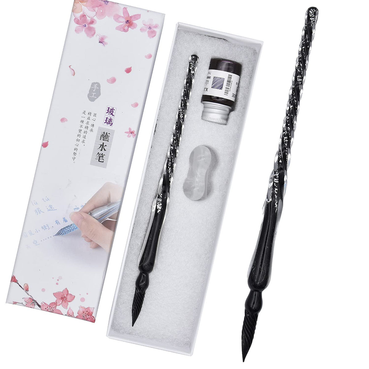 SIPLIV Glass Dip Pen Ink Set Calligraphy Dip Pens Crystal Dip Pen for Art, Writing, Signatures, Office Desktop Adornment Ornaments - Black Silver Foil, 1 Bottle Ink