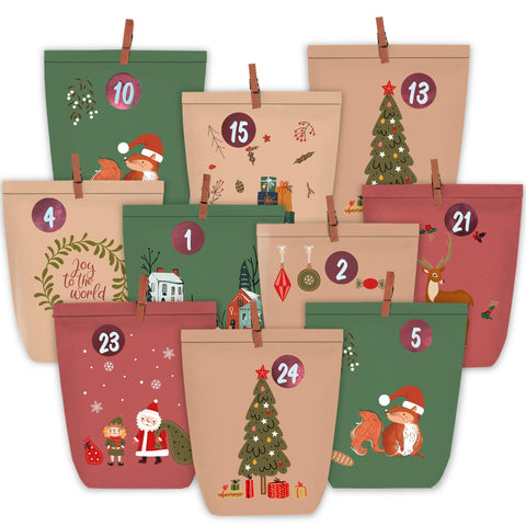 KOHMUI Advent Calendar for Filling, 24 Christmas Calendar Paper Bags for DIY Crafts, Advent Bags with 1-24 Number Stickers for Filling Yourself