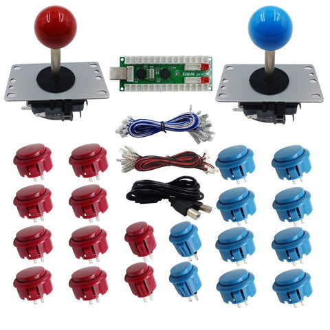 SJJX 2 Players DIY Arcade Game Button and Joysticks Controller Kits for Raspberry Pi and Windows,5 Pin Joysticks,Blue and Red Each with 10 Buttons