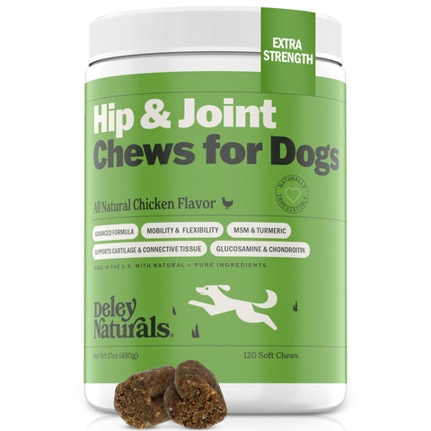 Hip and Joint Support Supplement for Dogs - Advanced Arthritis Pain Relief - Chondroitin, MSM, Organic Turmeric, & Glucosamine for Dogs - Made in USA - 120 Grain Free Soft Chews, Deley Naturals