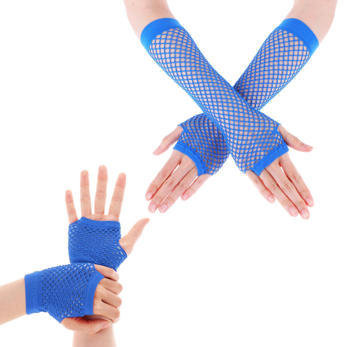 2 Pairs Long Fingerless Fishnet Gloves Fingerless Short Fishnet Gloves Fishnet Mesh Fingerless Gloves 80s 90s Party Costume Accessories for Women and Girls (Royal Blue)