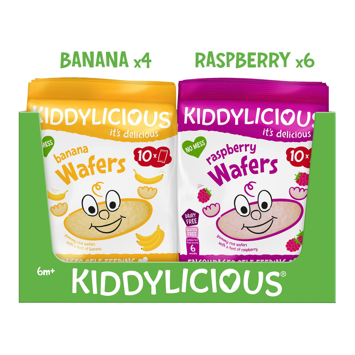 Kiddylicious Wafers Mixed Box - Raspberry and Banana - Gluten and Dairy Free Kids Snack - Suitable for 6+ Months - 10 x 10 Twin Packs (4 x Banana, 6 x Raspberry)