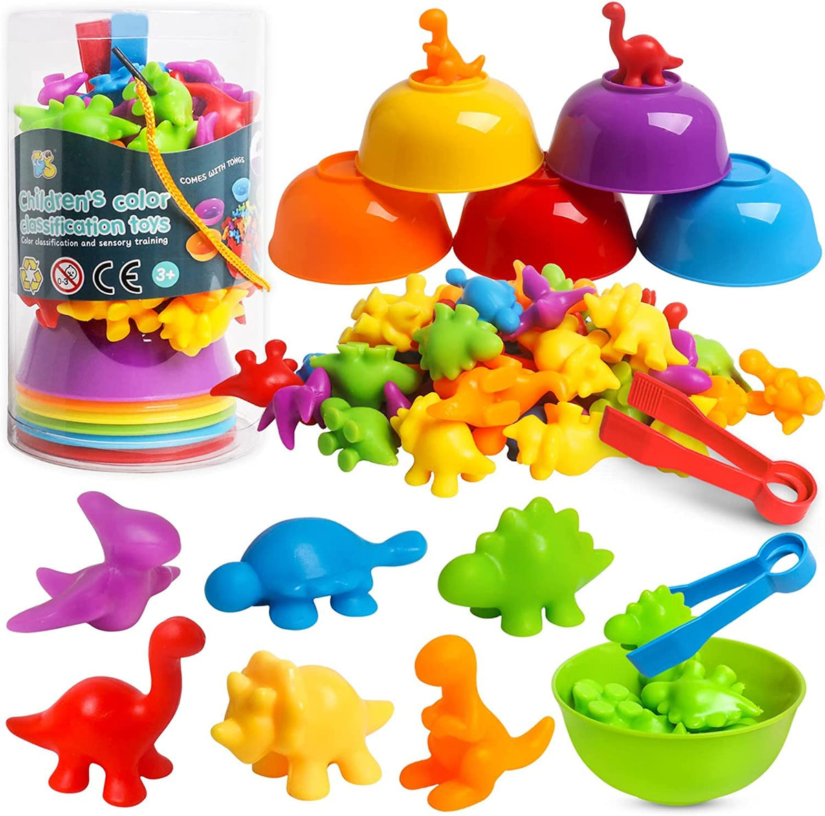 LEADSTAR Montessori Counting Toys,58pcs Rainbow Counting Dinosaurs with Matching Bowl Dices and Tweezers,Montessori Sorting Toys Perfect Math Skills Games Educational Toys for 3 4 5 Years Old