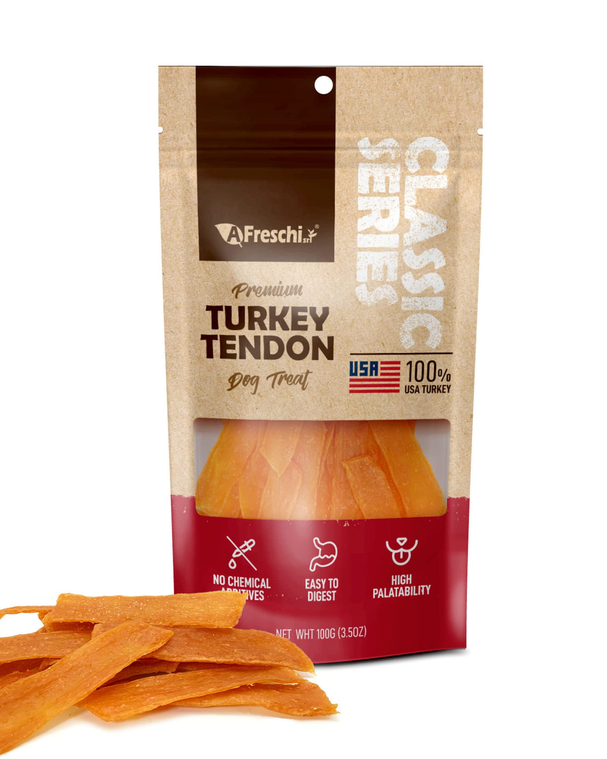 Afreschi Turkey Tendon for Dogs, Dog Treats for Classic Series, All Natural Human Grade Dog Treat, Suitable for Training chew, Ingredient Sourced from USA, Rawhide Alternative, Slice