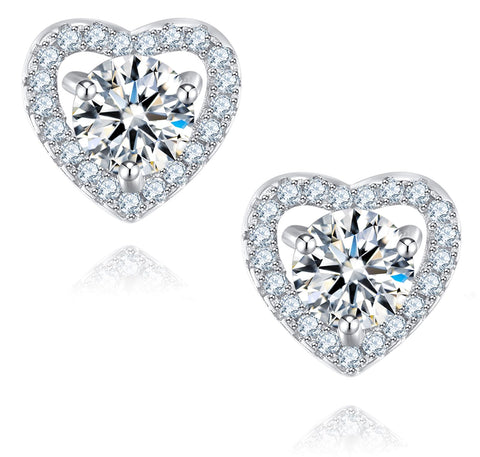 SecreTalk Moissanite Stud Earrings, 1ct Halo Heart DF Color Ideal Cut Lab Created Diamond 18K White Gold Plated Earrings for Women with Certificate of Authenticity
